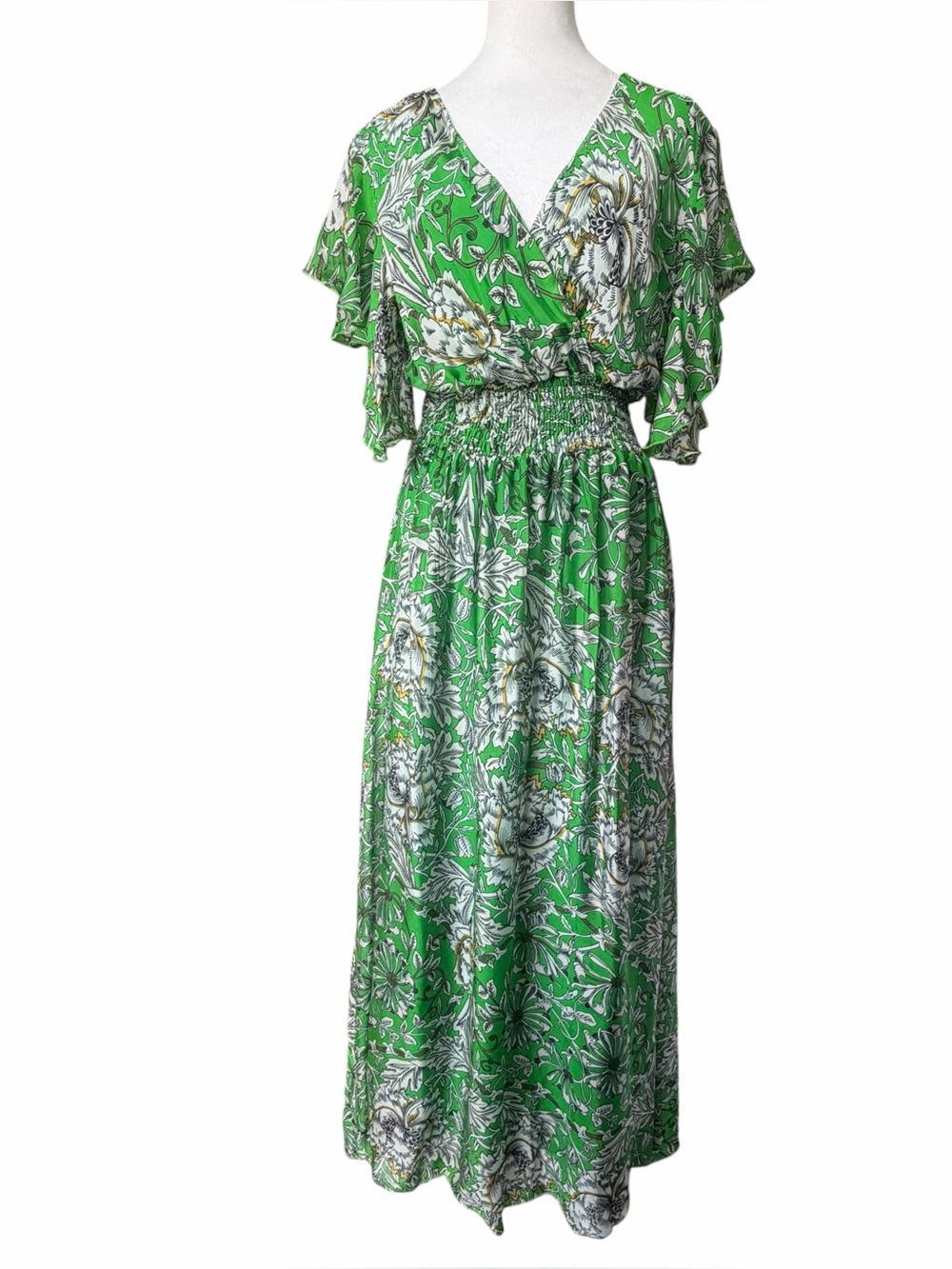 Le Ragazze Italy Green Floral Maxi Dress Airy Silk Blend Womens Size M Smocked